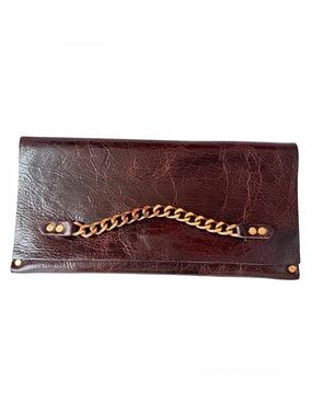 Moss Mills Dark Brown Textured Leather Clutch With Gold Chain Detail